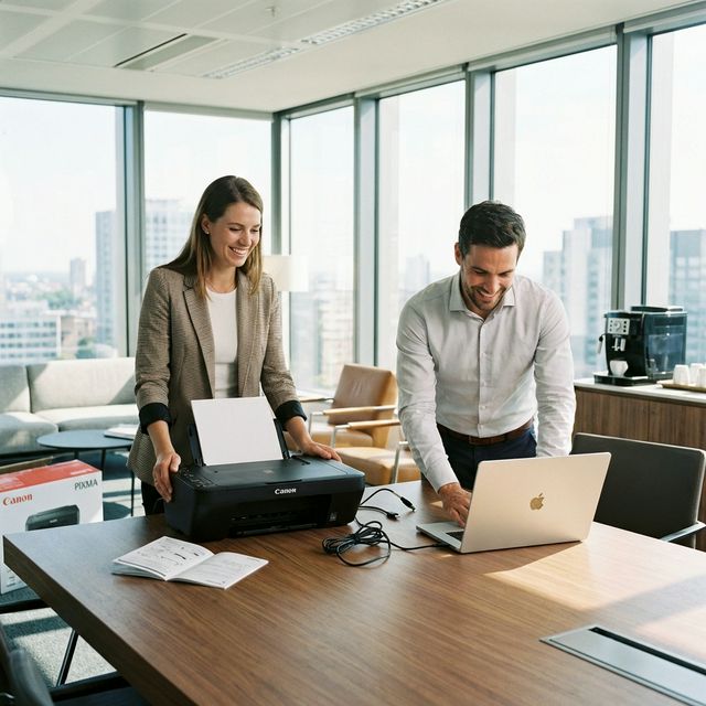 People happily connecting a printer